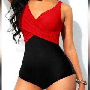 NWOT Red and Black Colorblock One-Piece Swimsuit Size Small